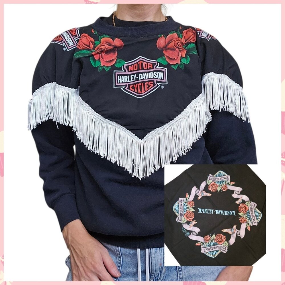 80s HARLEY DAVIDSON FRONT BACK ROSES Sweatshirt FRINGE SWEATSHIRT Bandana Sz S